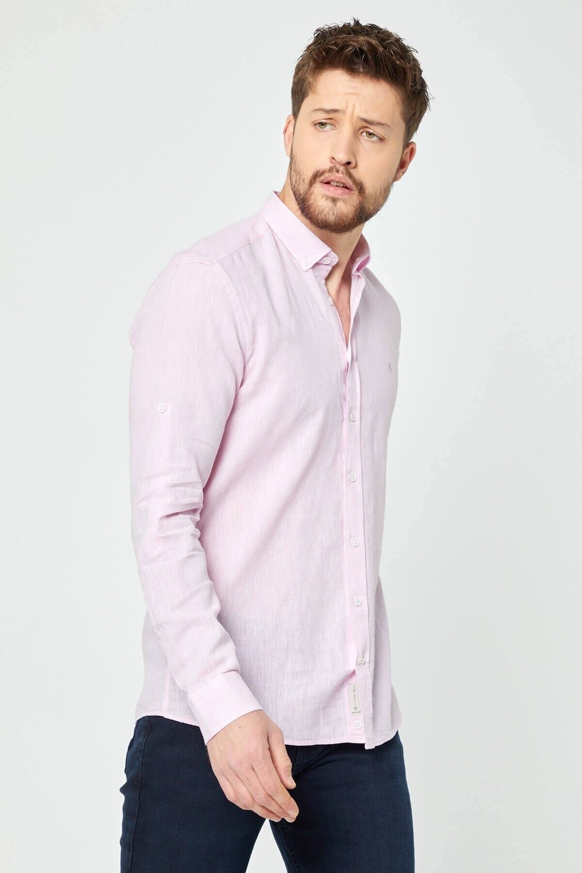 Pembe Slim Fit Uzun Kol Keten Gömlek