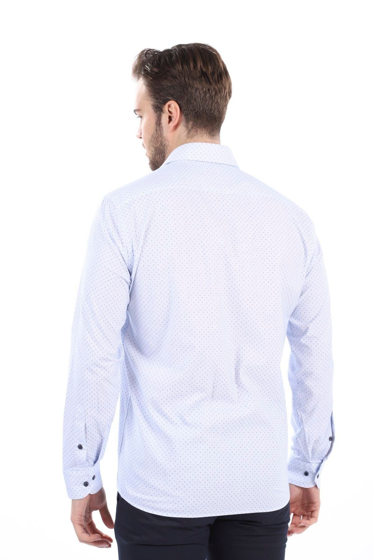 Baskılı Mavi Slim Fit Likralı Gömlek