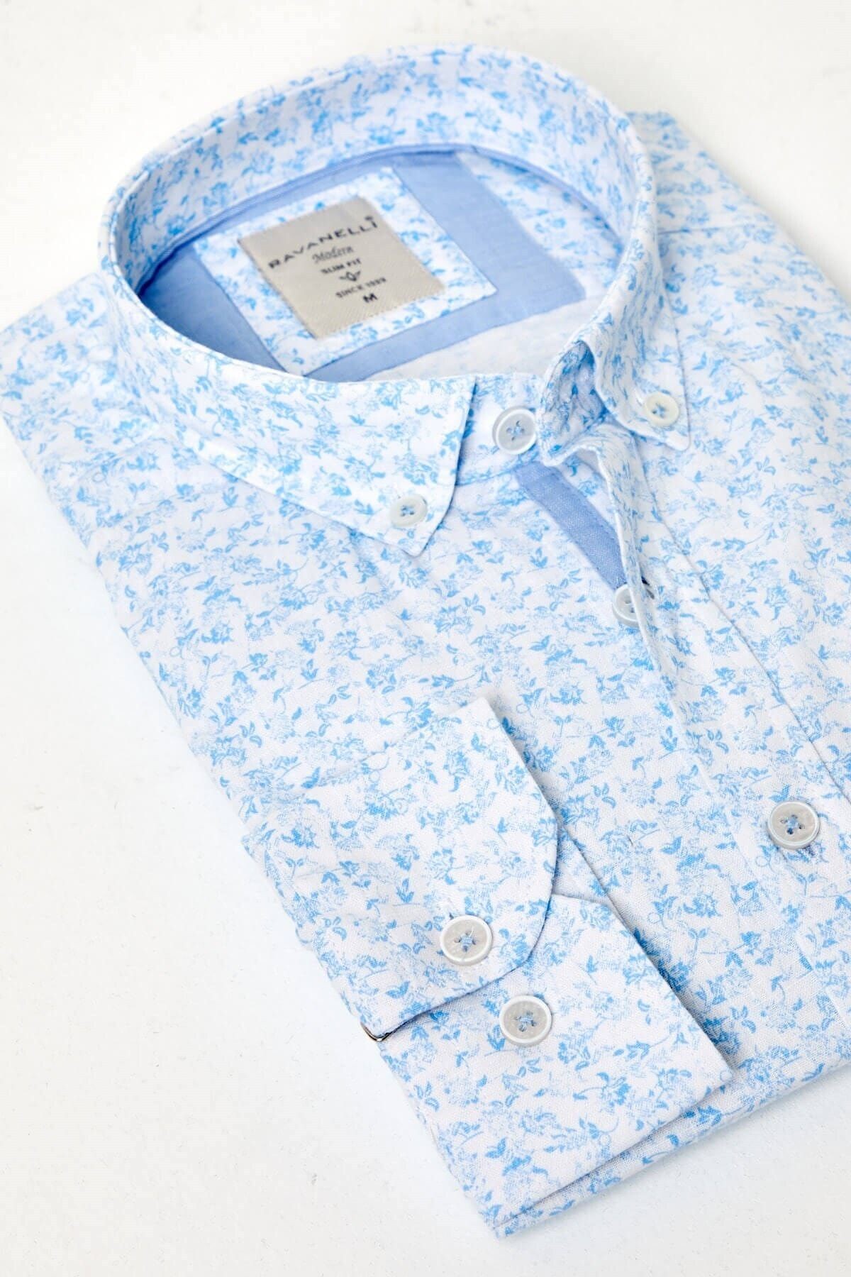 %100 Pamuk Keten Mavi Baskılı Slim Fit Uzun Kol Keten Gömlek