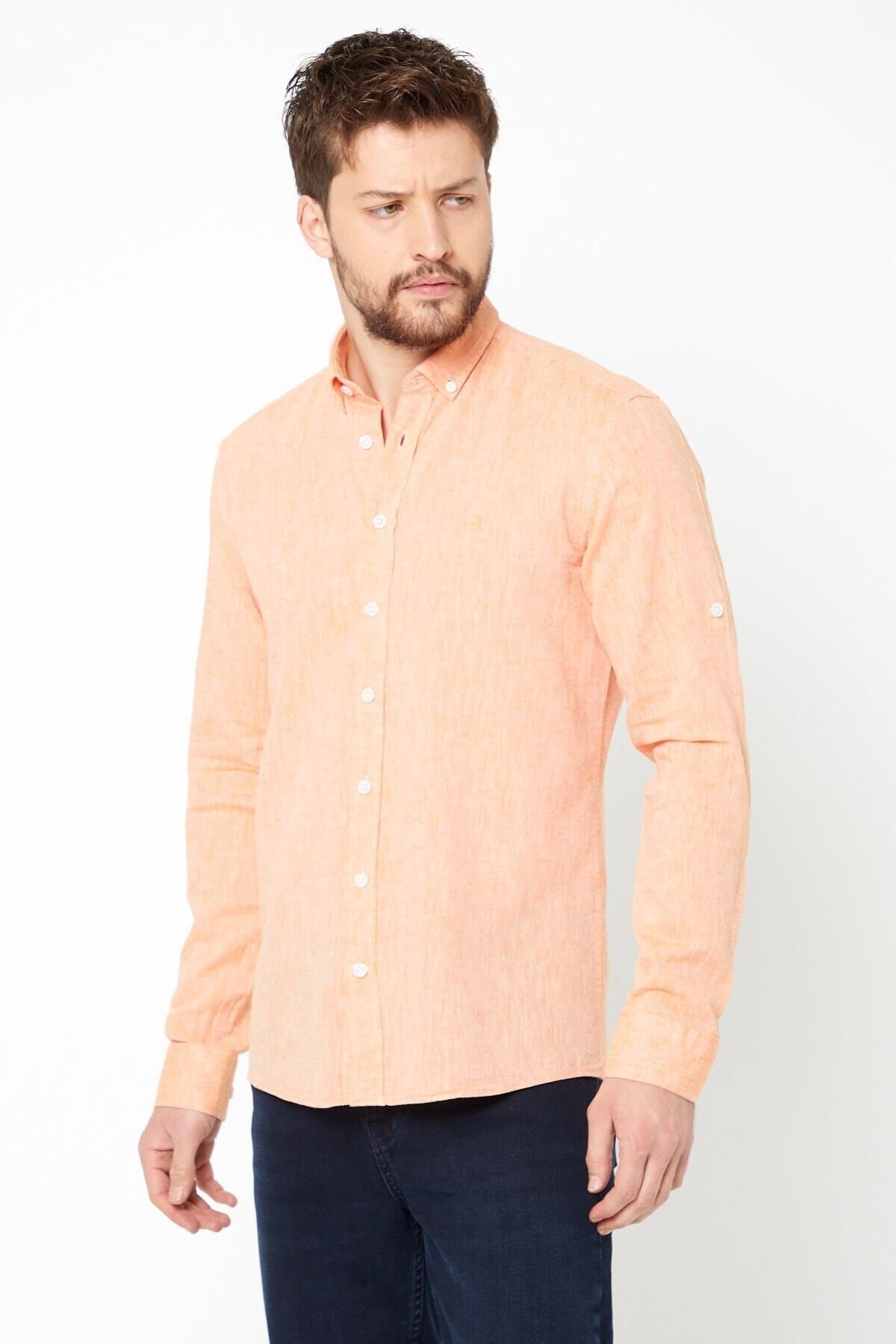 Turuncu Slim Fit Uzun Kol Keten Gömlek