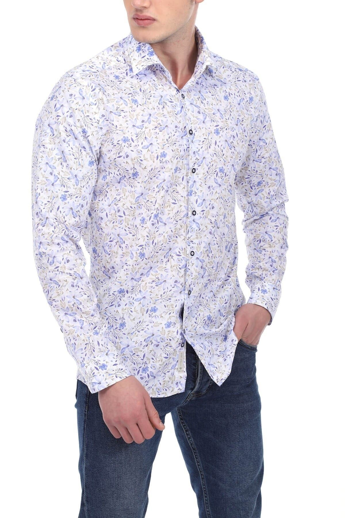 Baskılı Beyaz Slim Fit Gömlek
