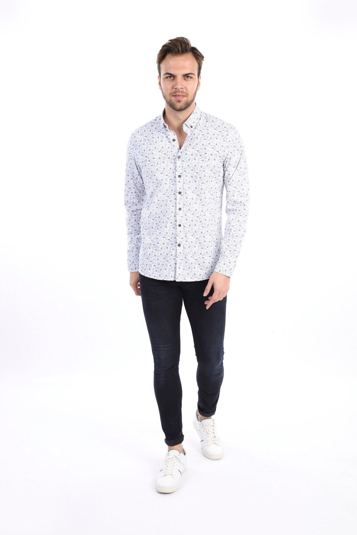 Baskılı Beyaz Slim Fit Likralı Gömlek