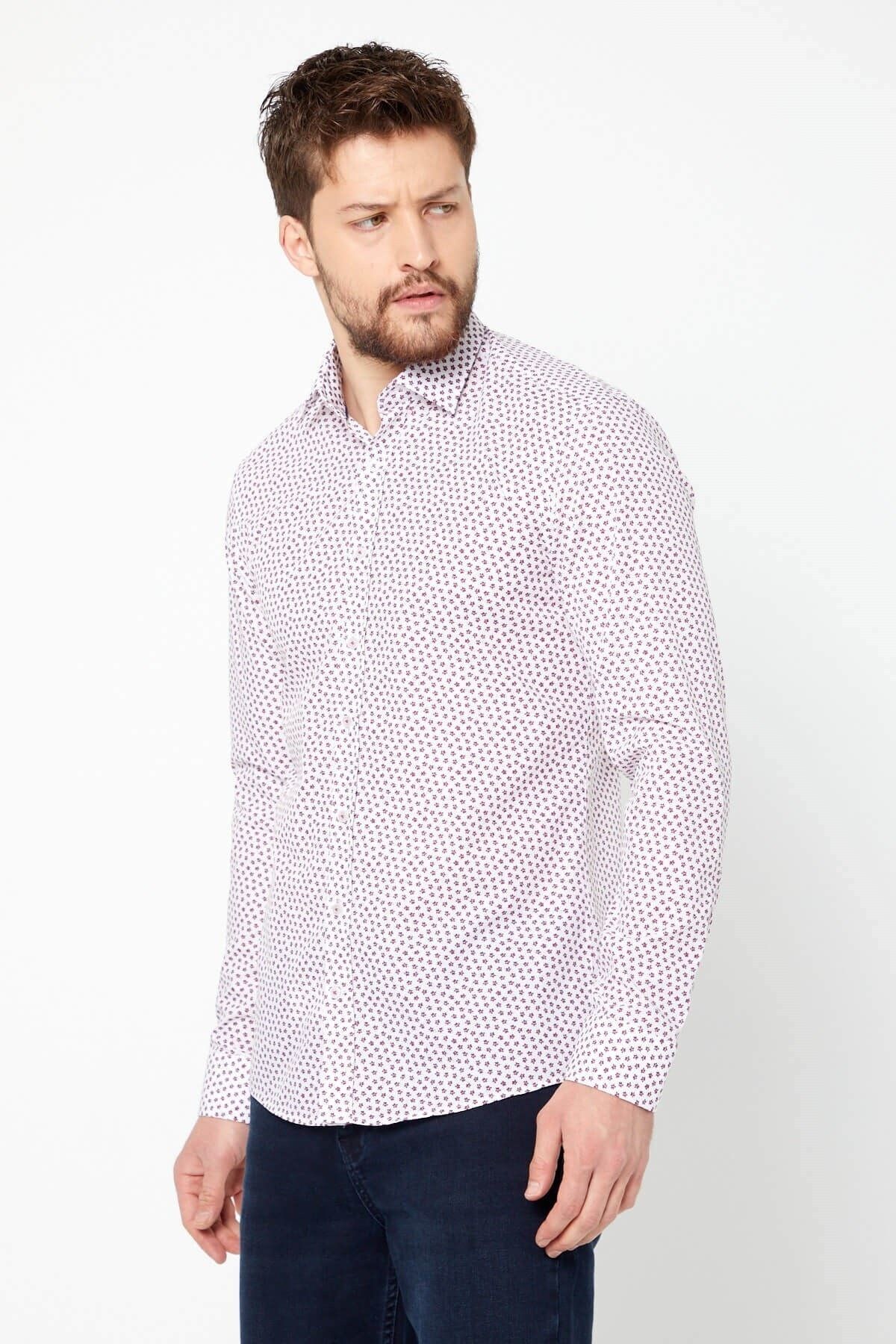 Bordo Çiçek Baskılı Beyaz Slim Fit Uzun Kol Gömlek
