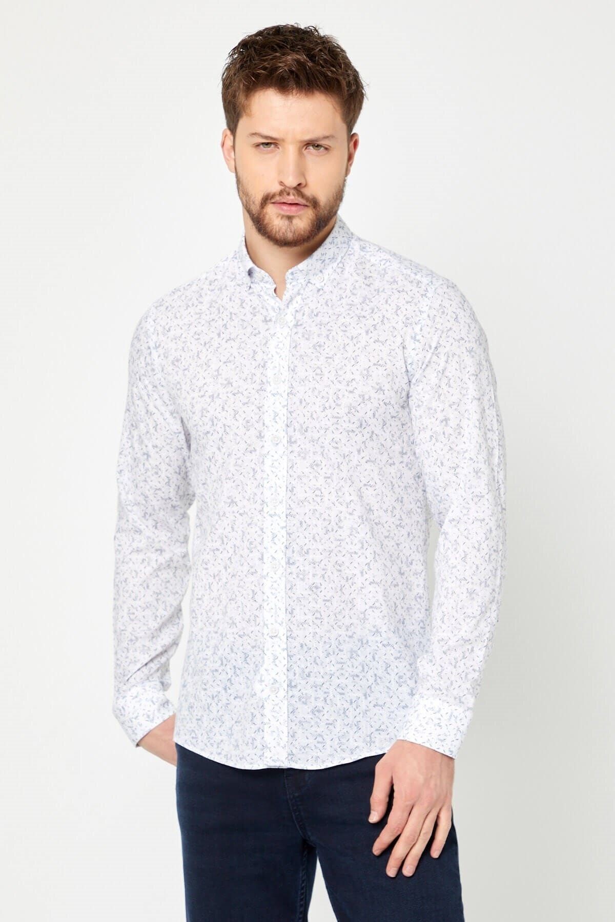 Pamuk Keten Baskılı Beyaz Slim Fit Uzun Kol Gömlek