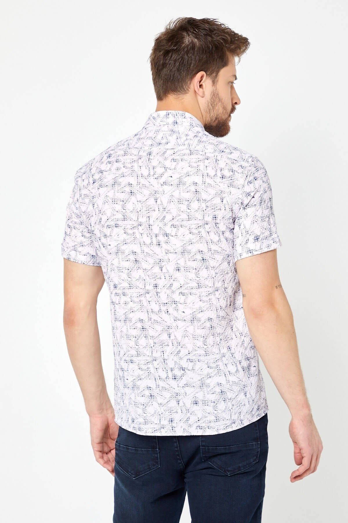 Gofre Baskılı Pembe Slim Fit Kısa Kol Gömlek