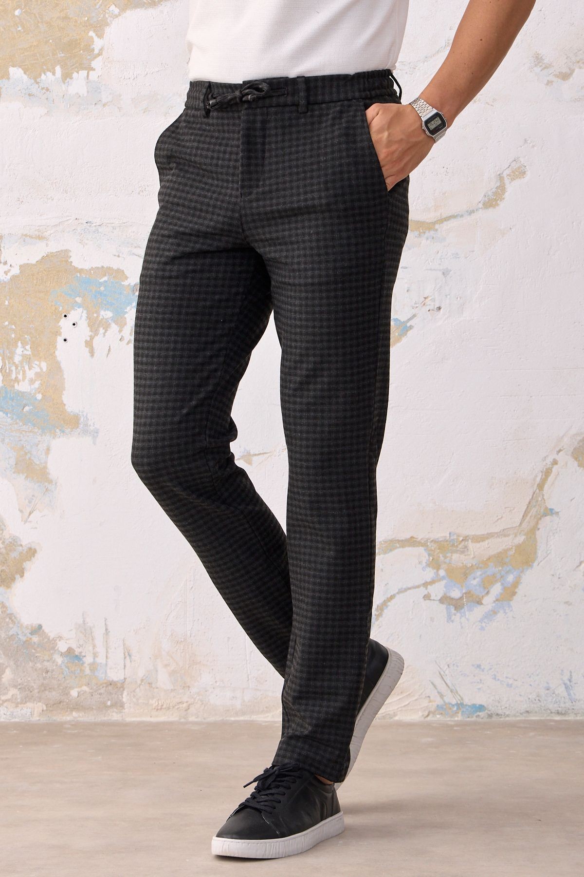 Erkek Günlük Jogger Beli Lastikli Ipli Cepli Slim Fit En Boy Likralı Kareli Pantolon