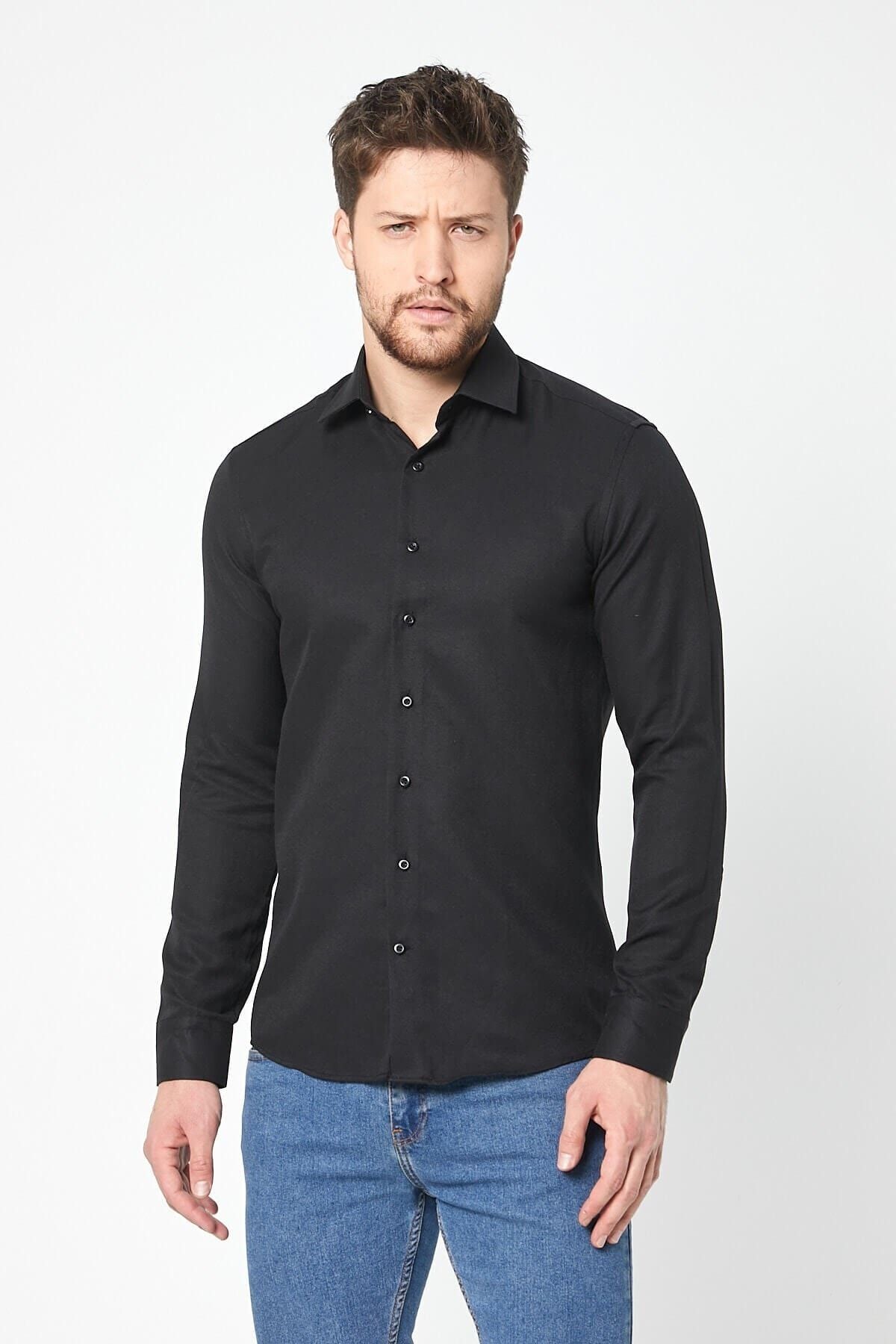 Siyah Slim Fit Uzun Kol Gömlek