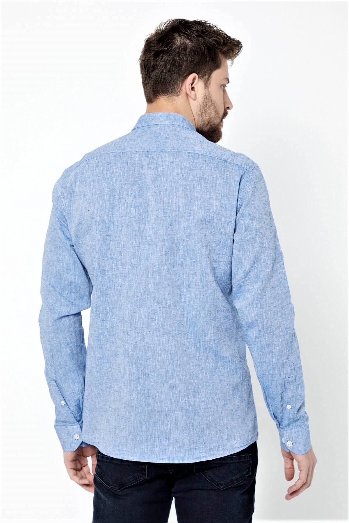 Mavi Slim Fit Uzun Kol Keten Gömlek
