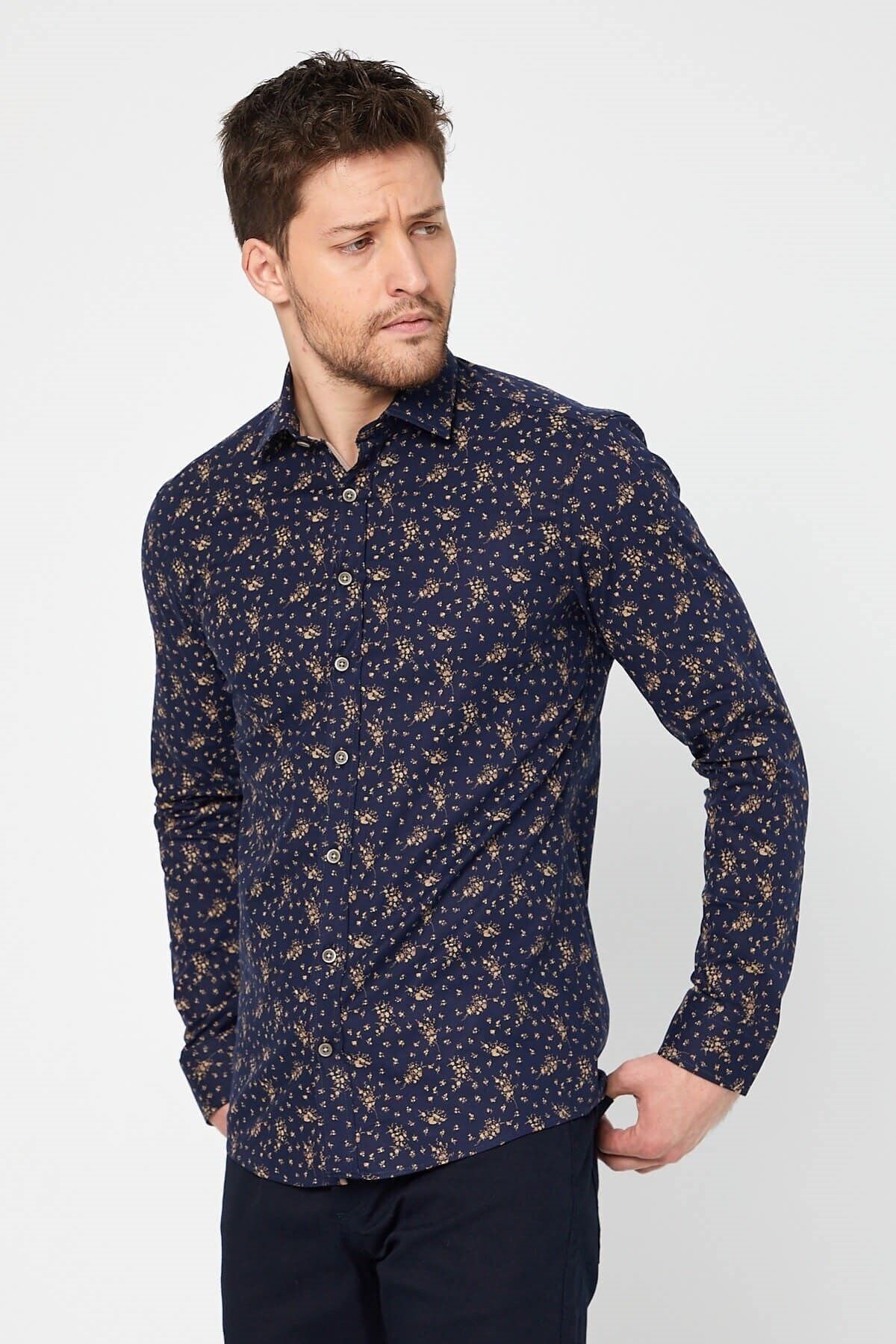 Baskılı Lacivert Slim Fit Uzun Kol Gömlek