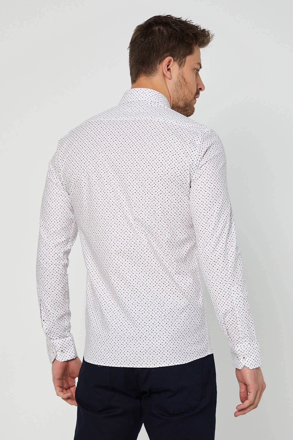 Bordo Baskılı Beyaz Slim Fit Uzun Kol Gömlek