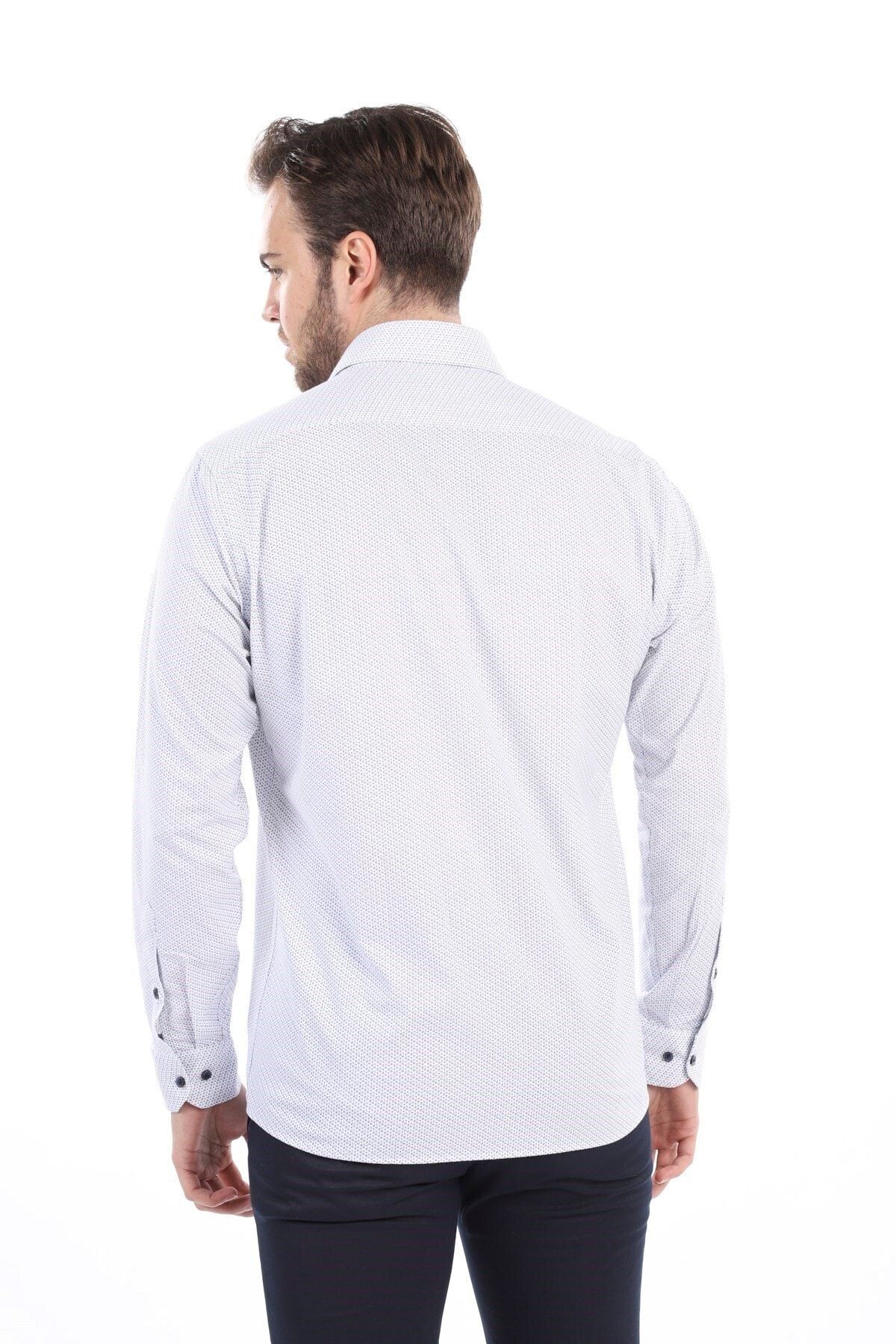 Baskılı Beyaz Slim Fit Likralı Gömlek