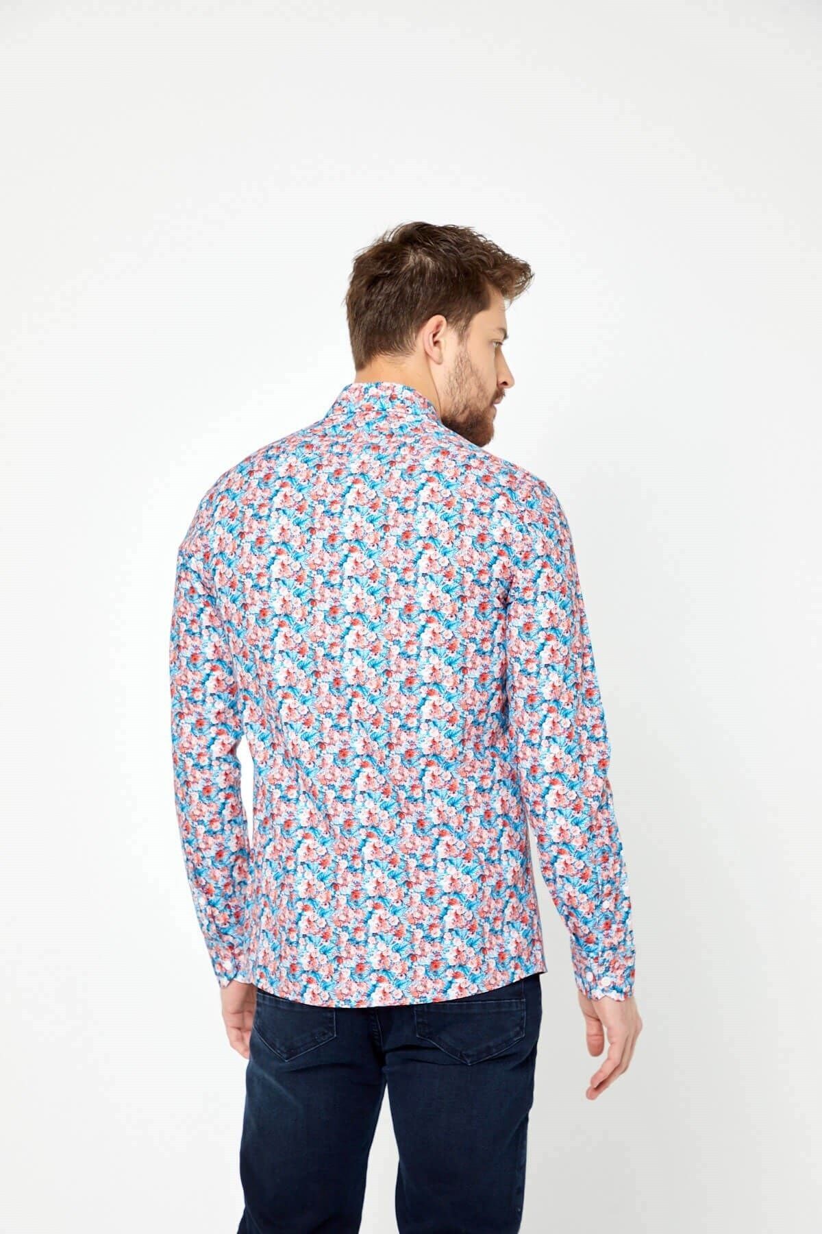 %100 Pamuk Turkuaz Çiçek Baskılı Slim Fit Uzun Kol Gömlek