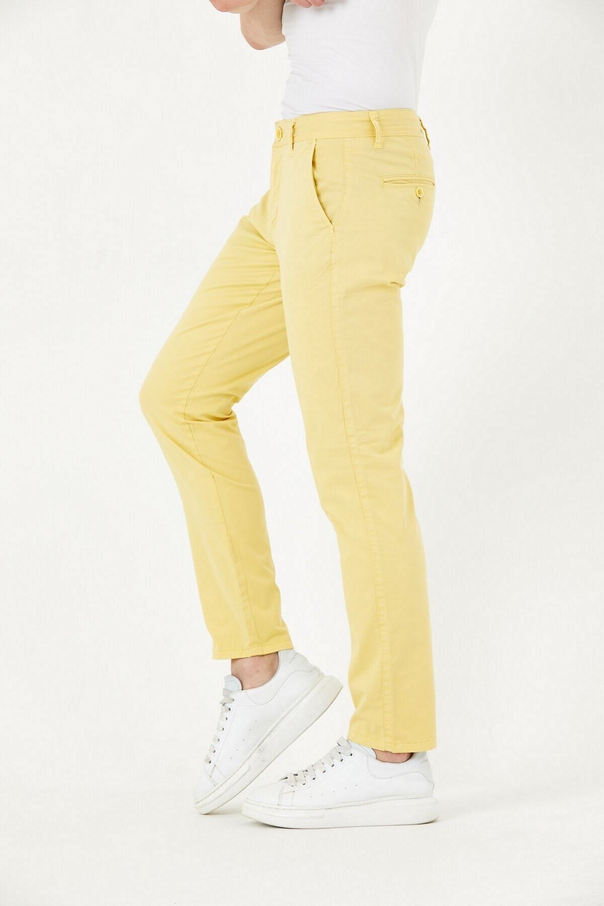 Sarı Gabardin Chıno Yan Cepli Keten Regular Fit Pantolon