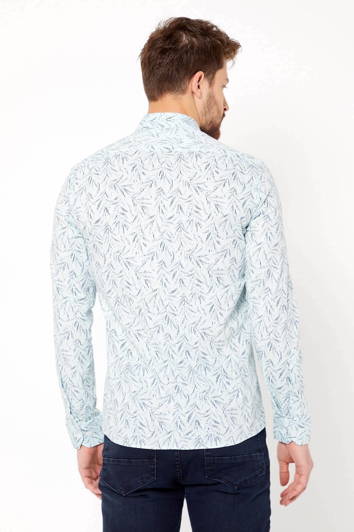 Pamuk Keten Baskılı Açık Yeşil Slim Fit Uzun Kol Gömlek