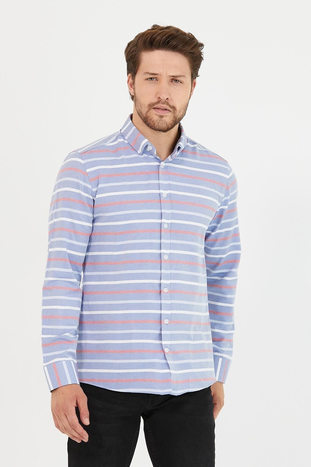 Erkek Mavi Bordo Çizgili Panolu Mavi Dar Kesim Slim Fit Uzun Kol Gömlek