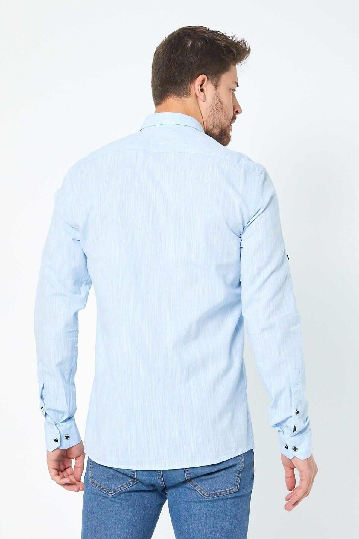 Keten Mavi Slim Fit Uzun Kol Gömlek