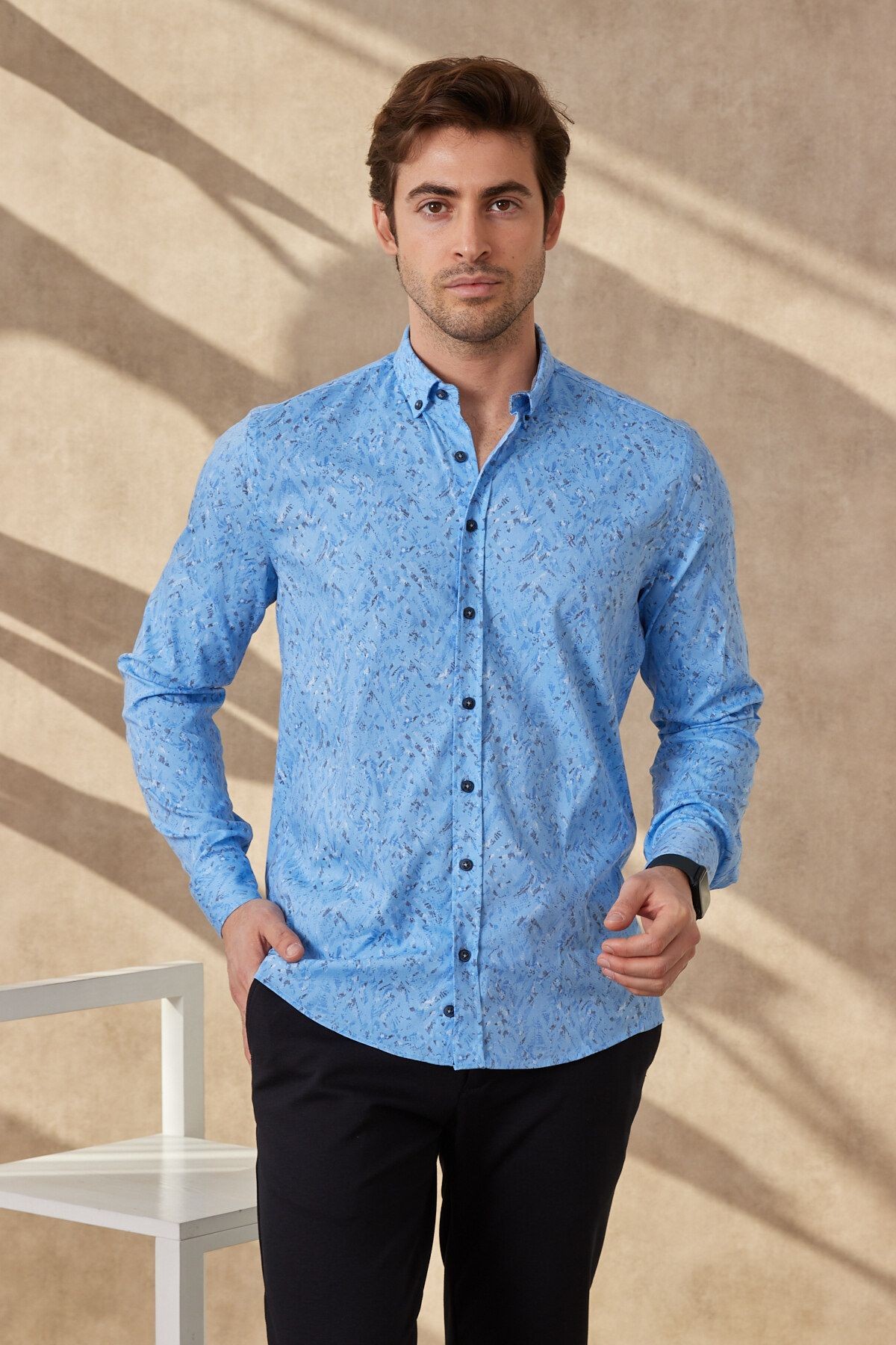 Erkek Baskılı Mavi Modern Slim Fit Uzun Kol Gömlek