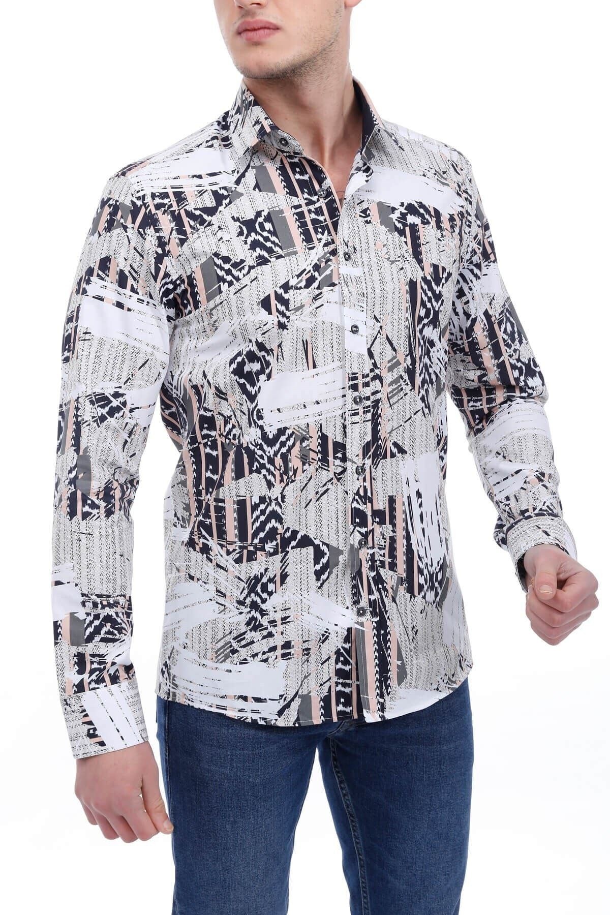 Baskılı Krem Slim Fit Gömlek