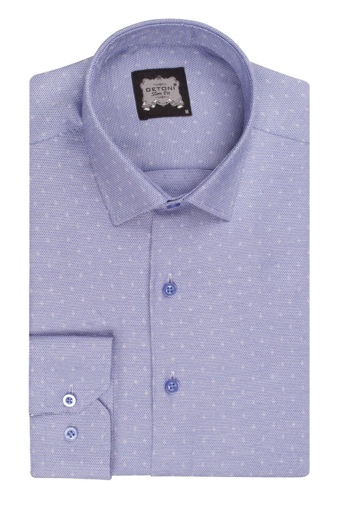 Erkek Mavi Slim Fit Armürlü Gömlek
