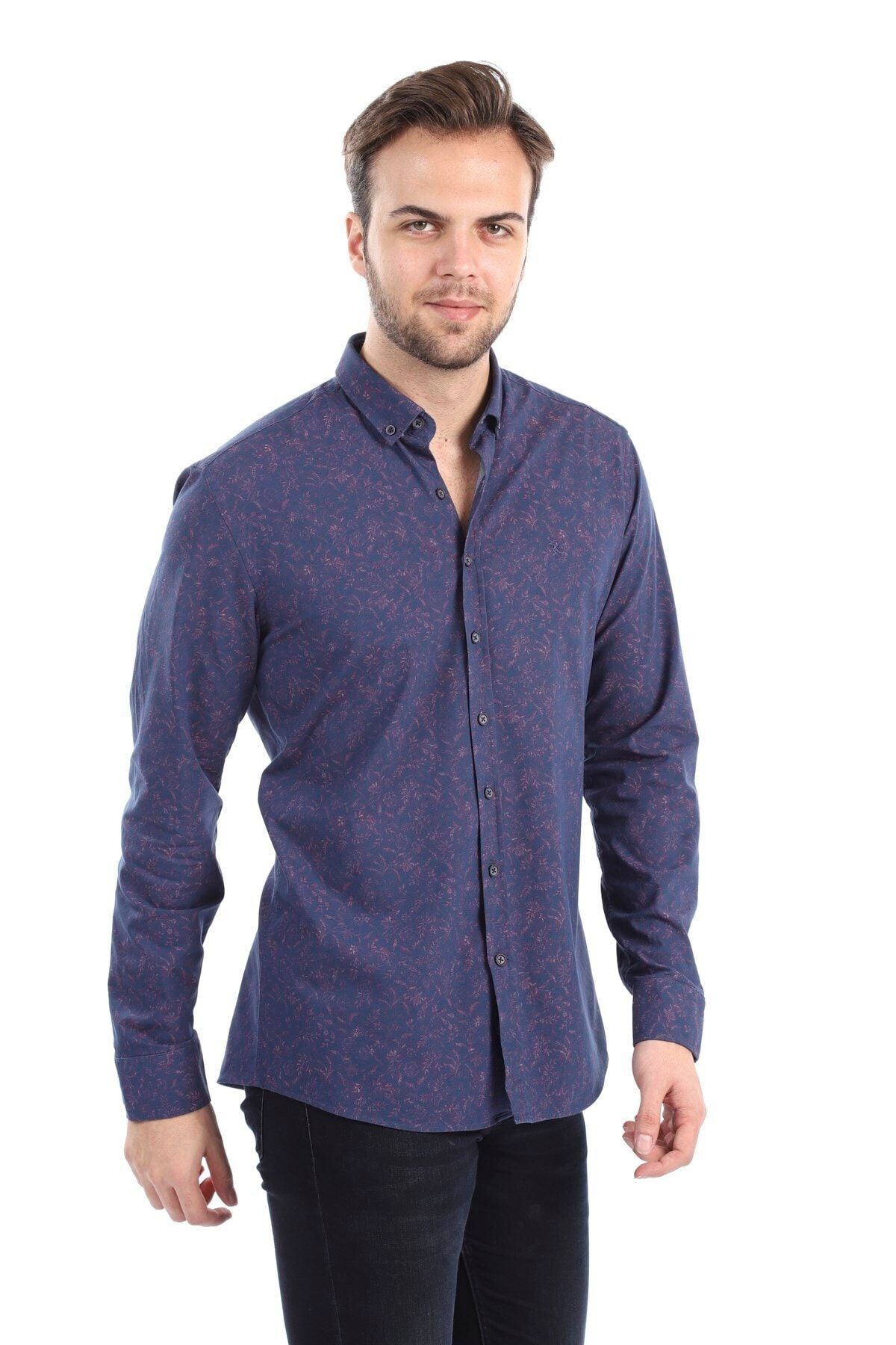 Baskılı Bordo Slim Fit Gömlek