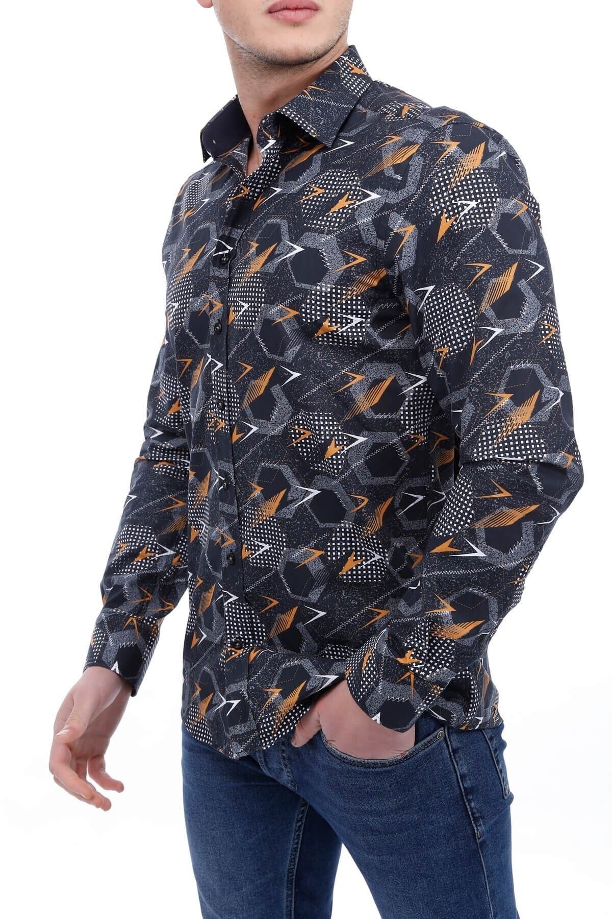 Baskılı Siyah Slim Fit Gömlek