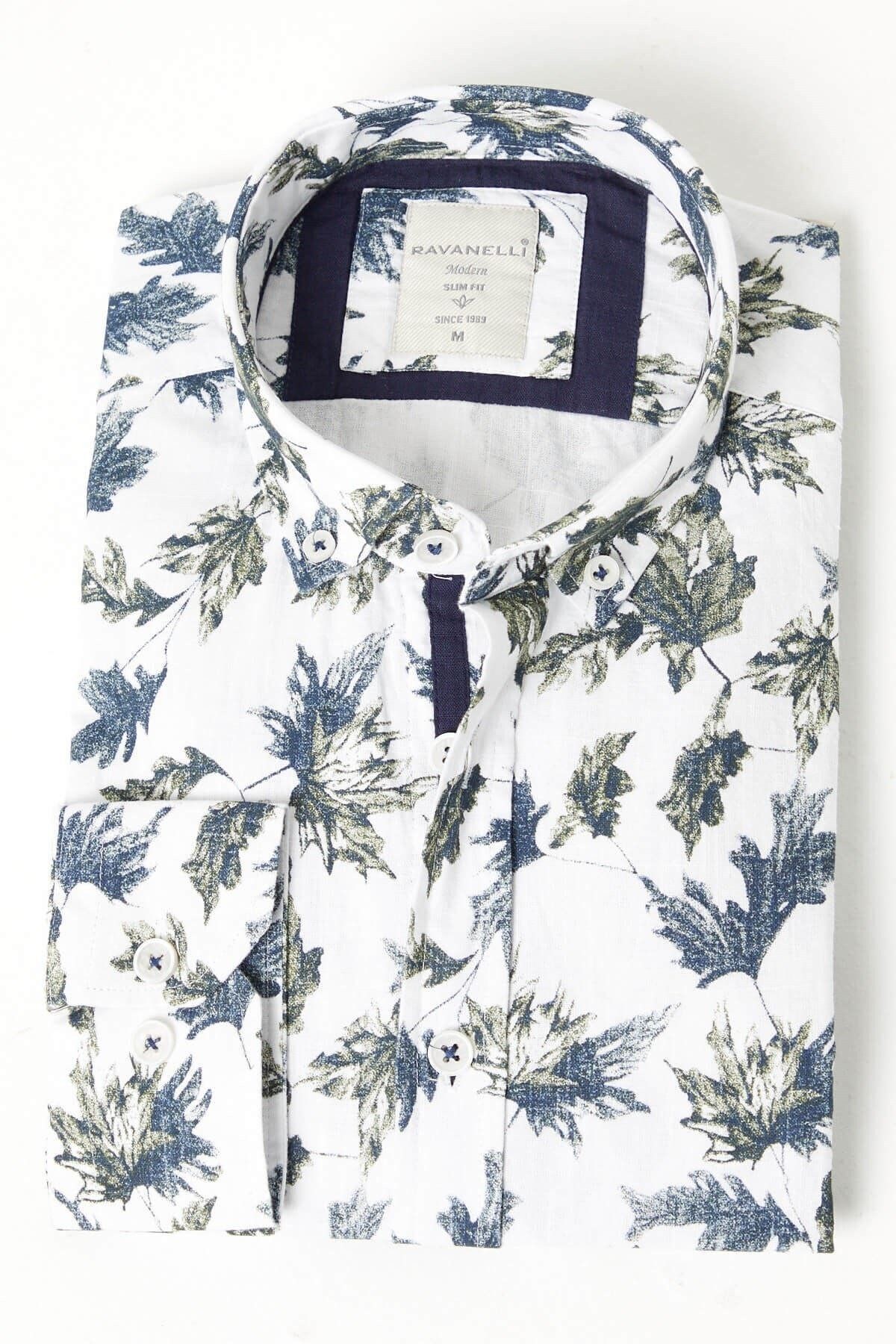 %100 Pamuk Keten Yeşil Baskılı Slim Fit Uzun Kol Keten Gömlek