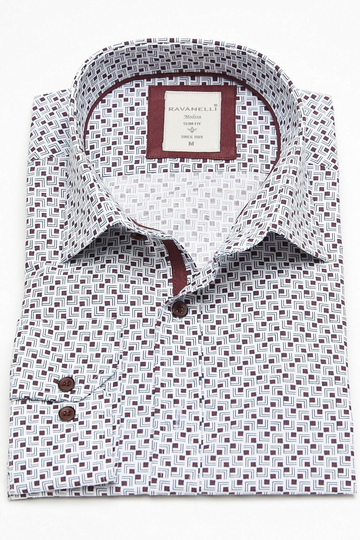 Bordo Baskılı Beyaz Slim Fit Uzun Kol Gömlek