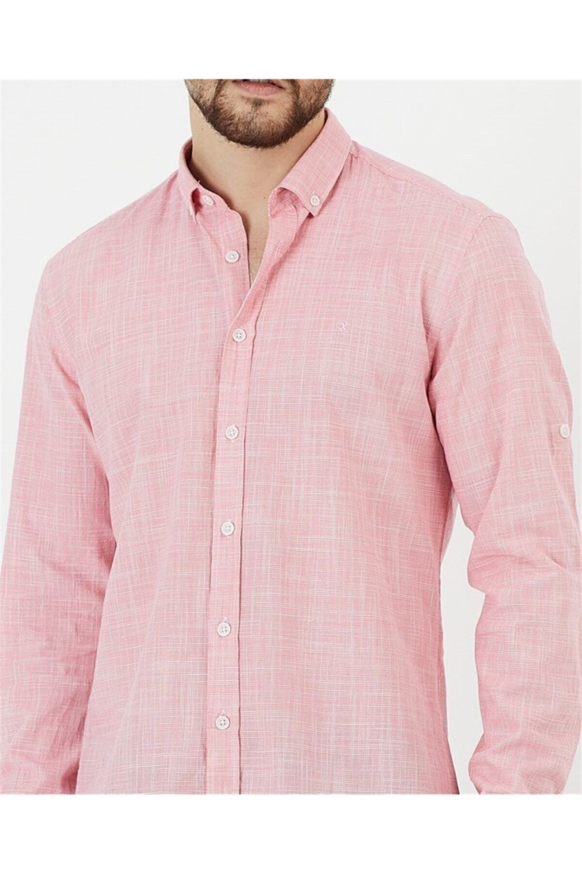 Pembe %100 Pamuk Slim Fit Uzun Kol Keten Gömlek