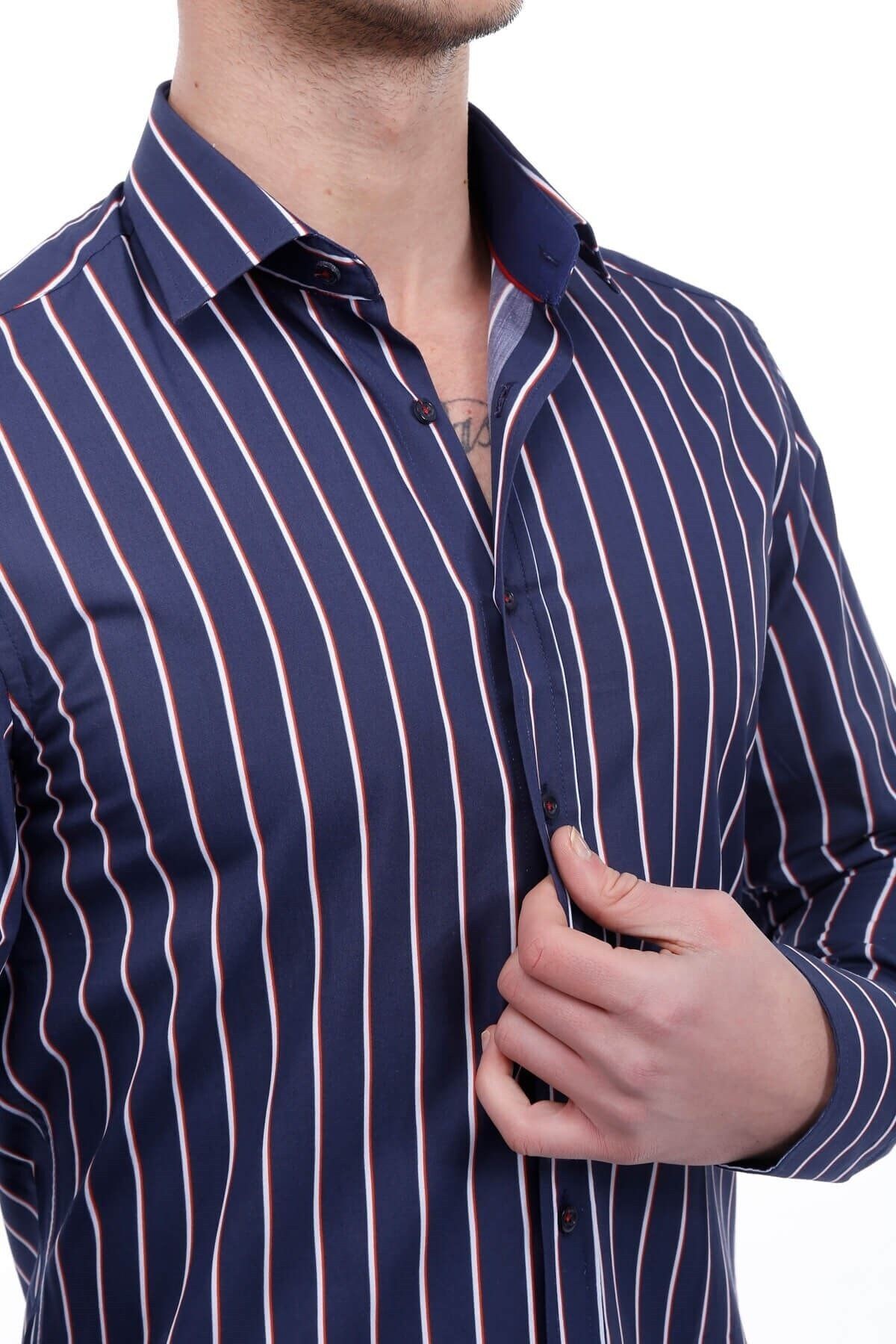 Çizgi Baskılı Lacivert Slim Fit Gömlek