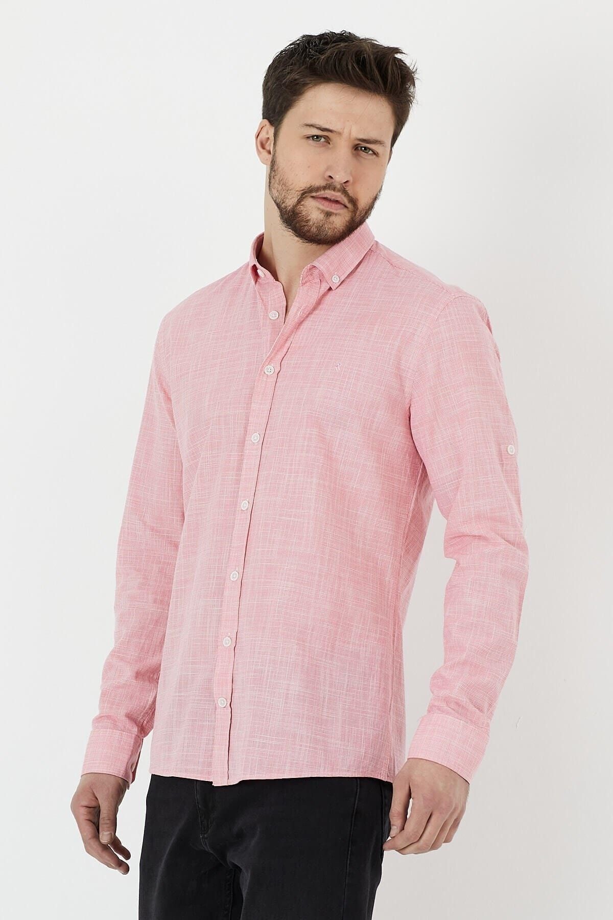 Pembe %100 Pamuk Slim Fit Uzun Kol Keten Gömlek