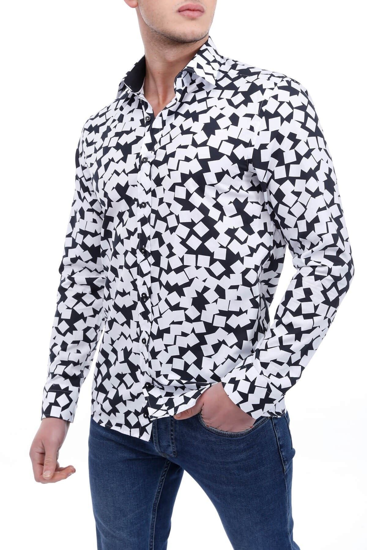 Beyaz Siyah Baskılı Slim Fit Gömlek