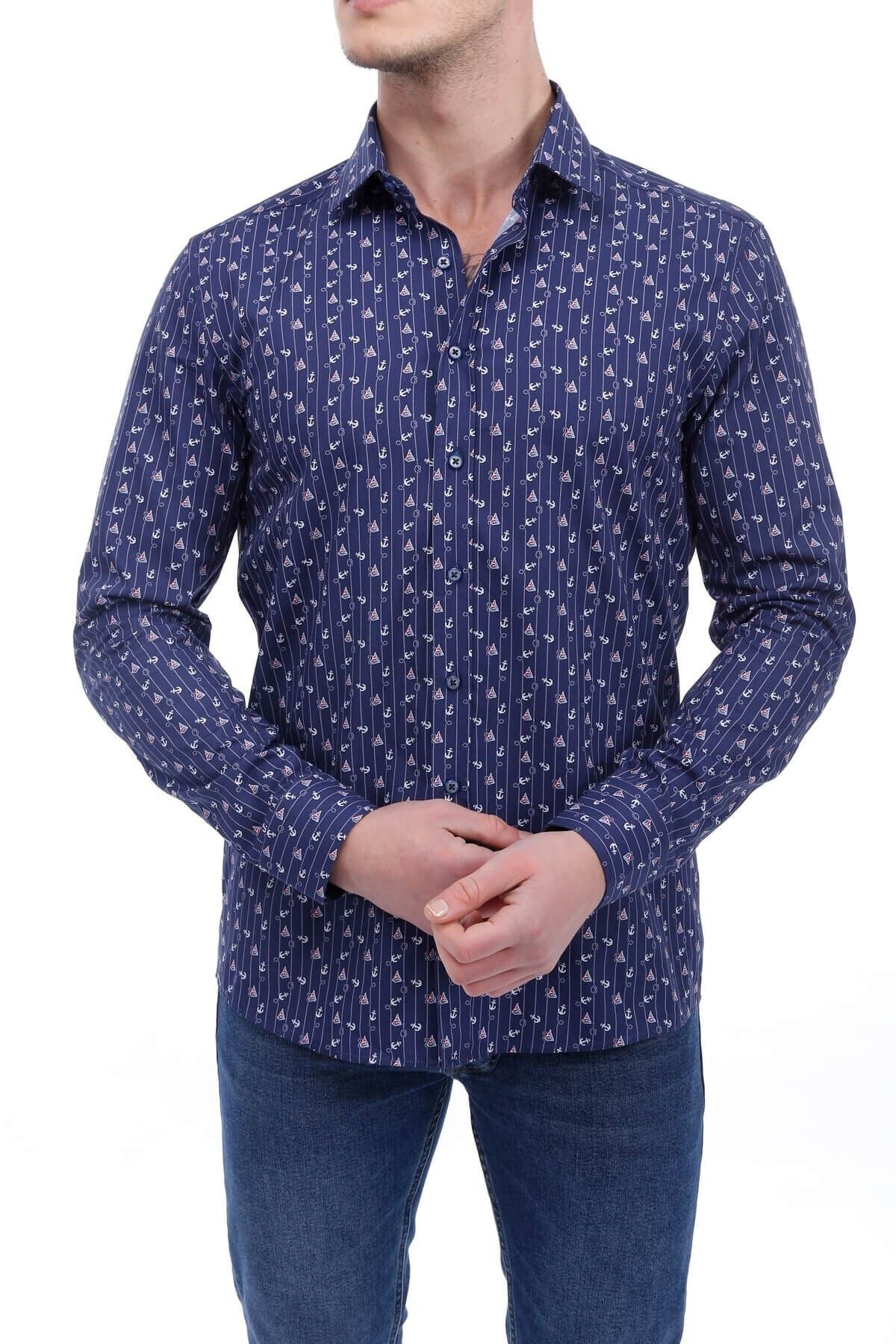 Baskılı Lacivert Slim Fit Gömlek
