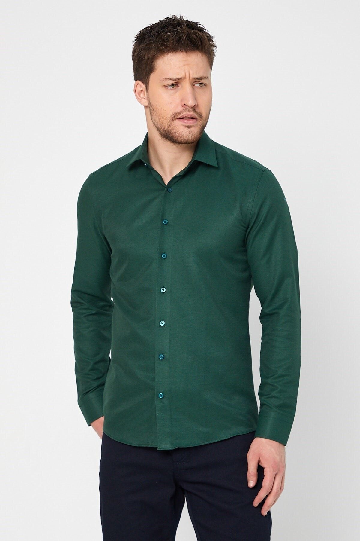 Yeşil Slim Fit Uzun Kol Gömlek