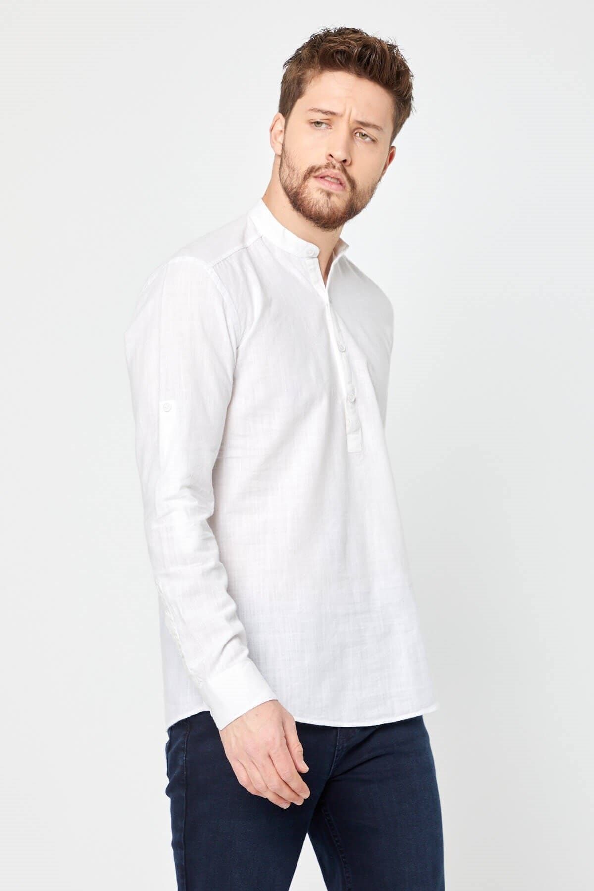 Keten Hakim Yaka Yarım Pat Beyaz Slim Fit Uzun Kol Gömlek