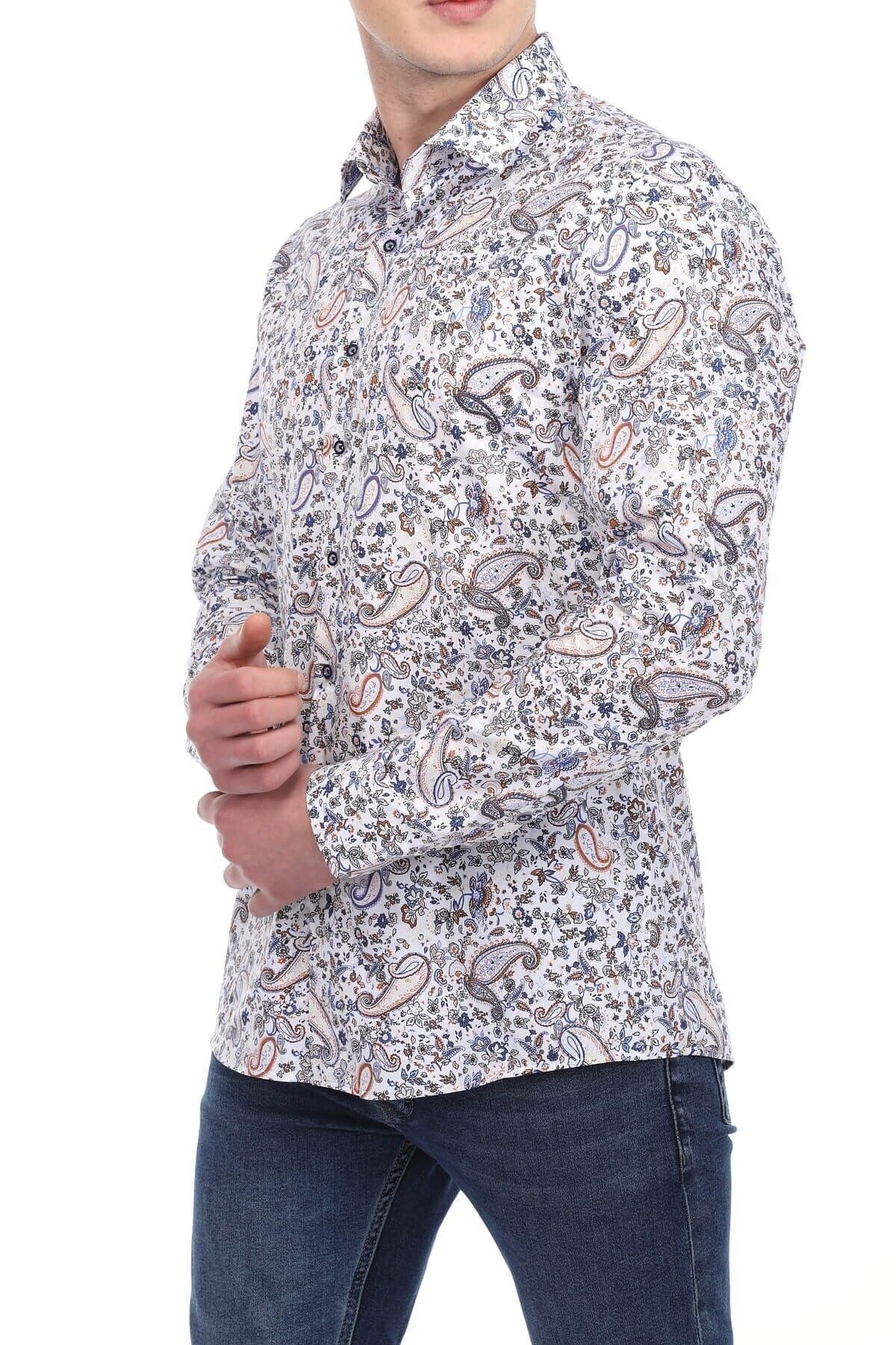 Baskılı Beyaz Slim Fit Gömlek