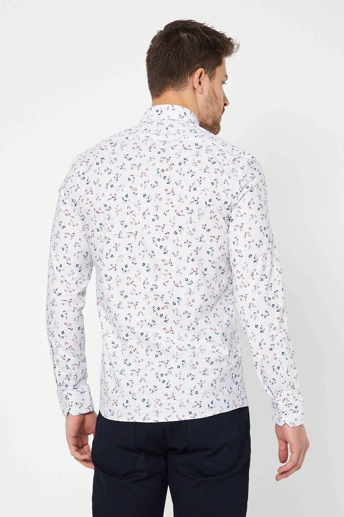 Lacivert Baskılı Beyaz Slim Fit Uzun Kol Gömlek