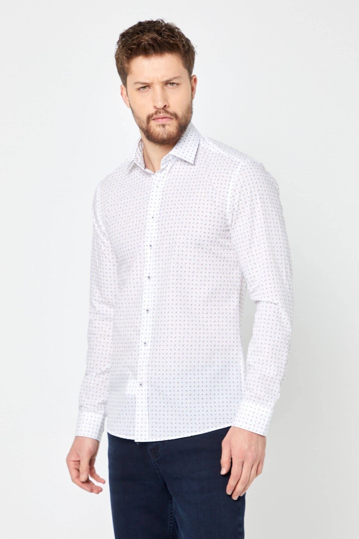 Baskılı Beyaz Slim Fit Uzun Kol Gömlek