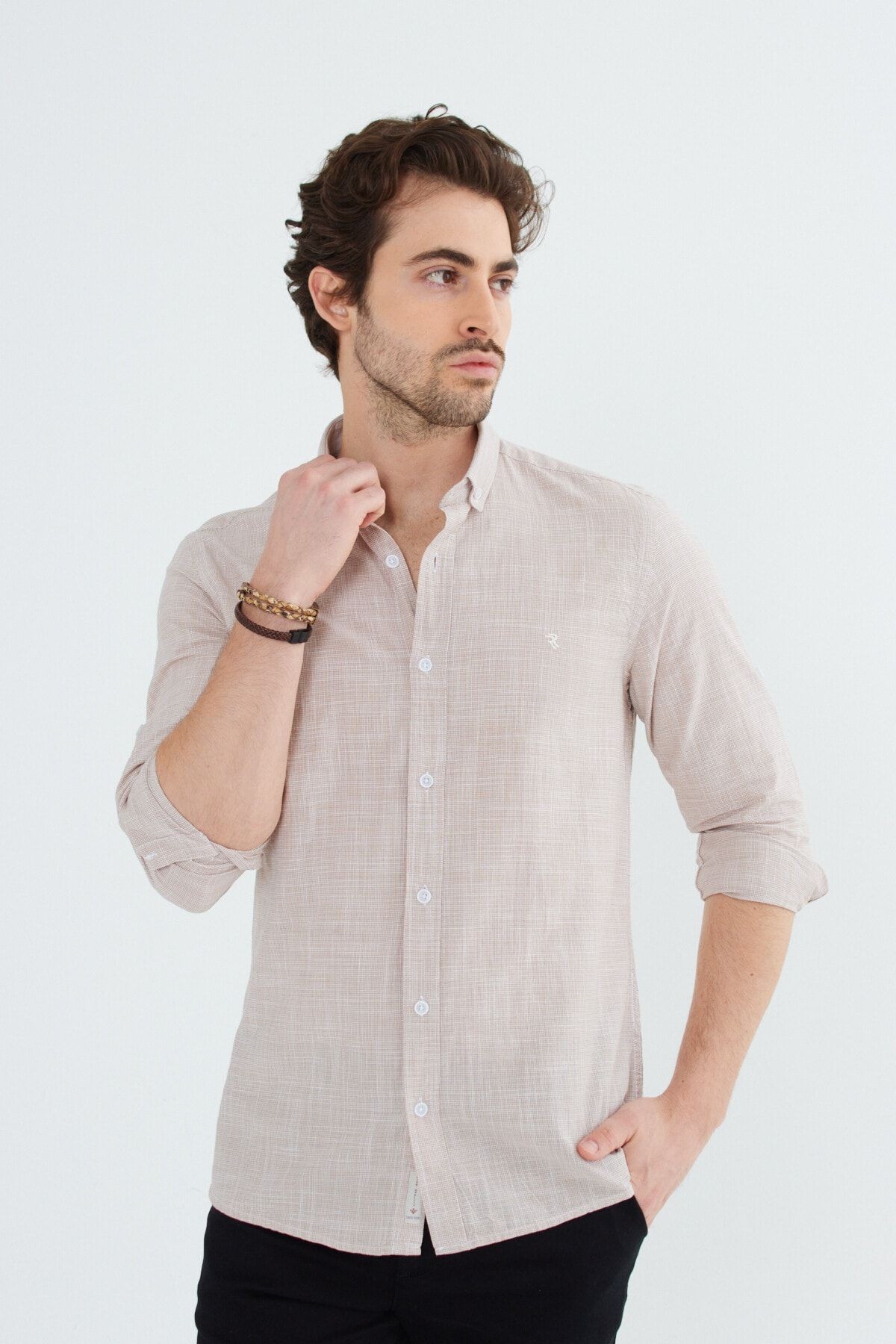 Beige Slimfit Hediye Kutulu Keten Yaka Düğmeli Uzun Kol Erkek Gömlek G318