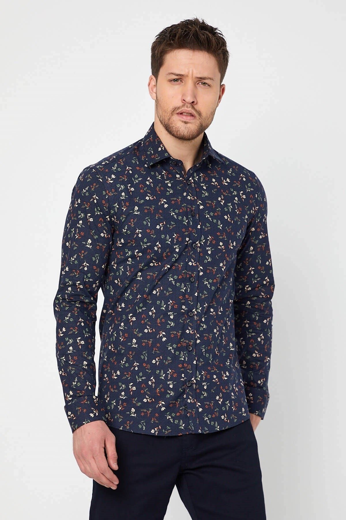 Baskılı Lacivert Slim Fit Uzun Kol Gömlek