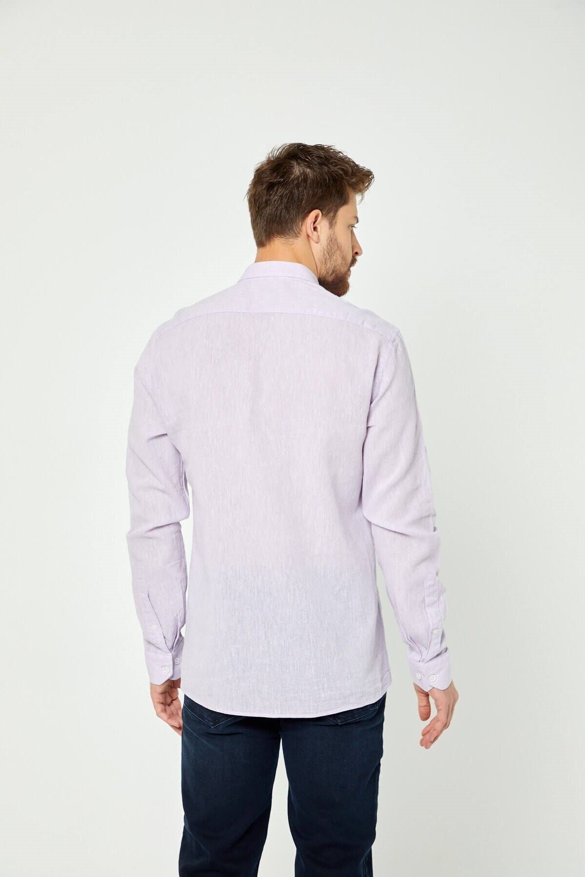 Lila Slim Fit Uzun Kol Keten Gömlek