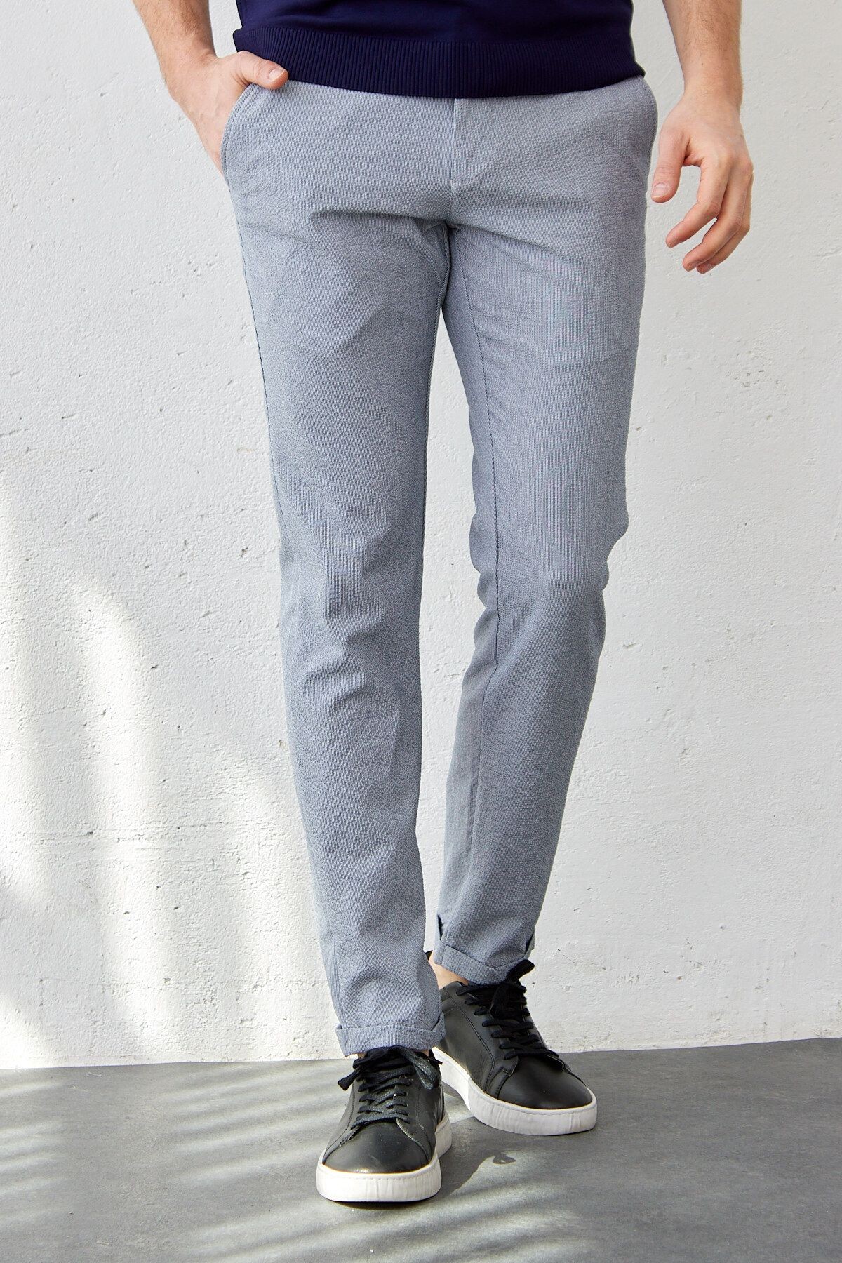 Erkek Beli Lastikli Bağcıklı İnce Çizgili Gofre Dokuma Likralı Esnek Modern Slim Fit Jogger Pantolon
