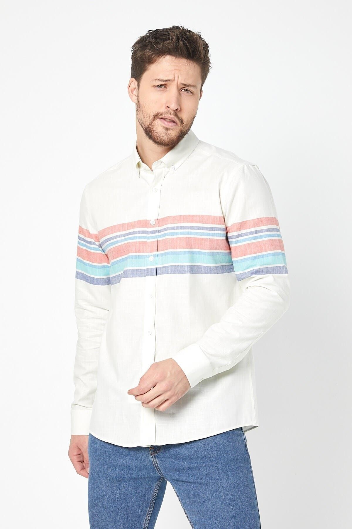 Keten Kırmızı Panolo Beyaz Slim Fit Uzun Kol Gömlek