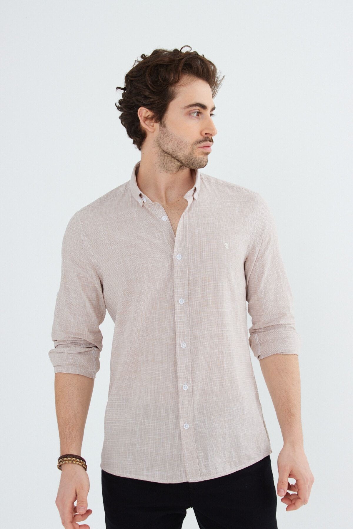 Beige Slimfit Hediye Kutulu Keten Yaka Düğmeli Uzun Kol Erkek Gömlek G318