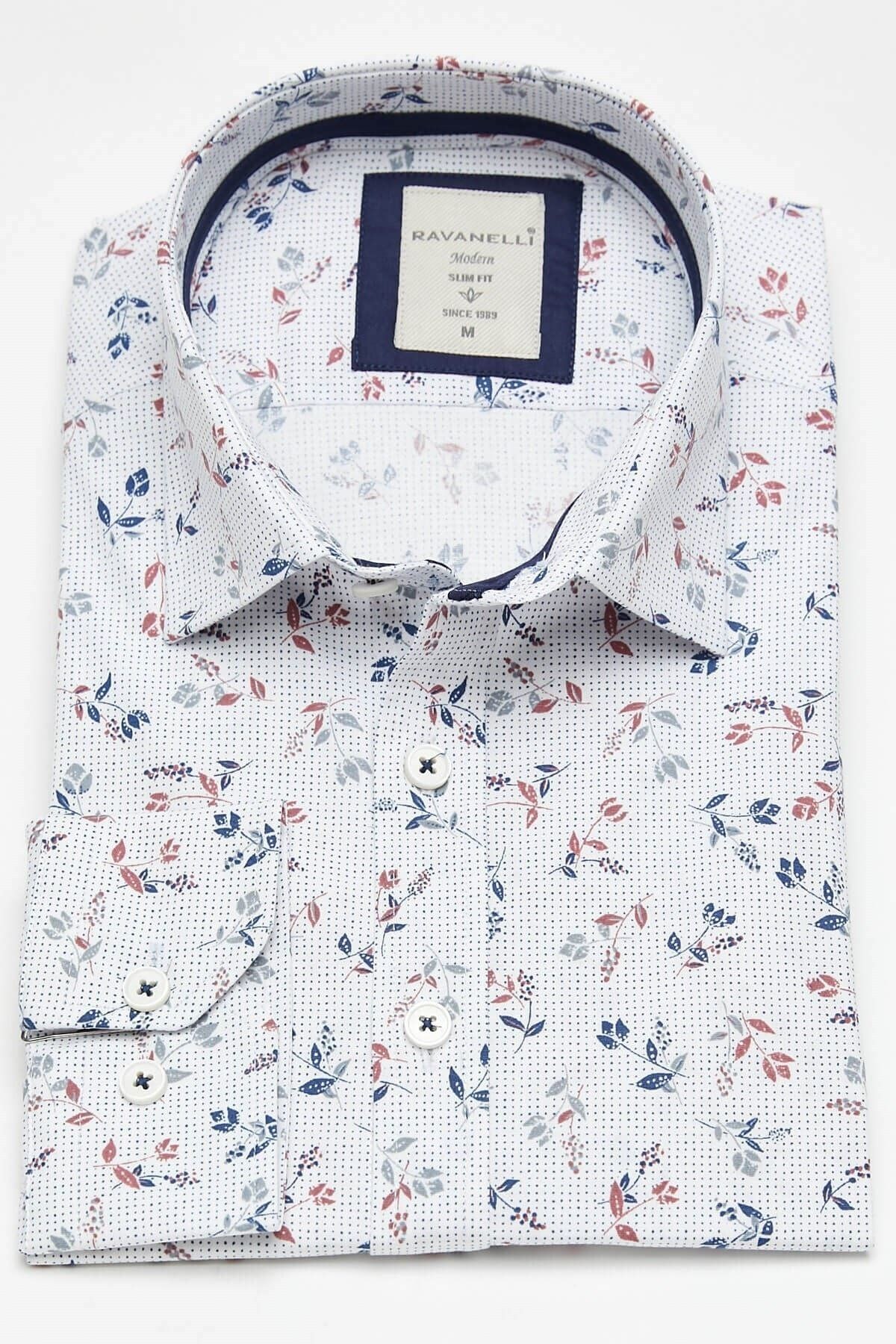 Lacivert Baskılı Beyaz Slim Fit Uzun Kol Gömlek