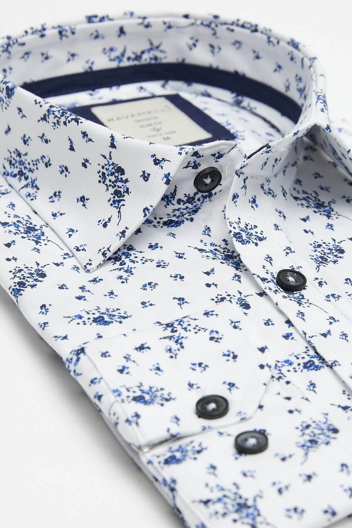 Lacivert Baskılı Beyaz Slim Fit Uzun Kol Gömlek
