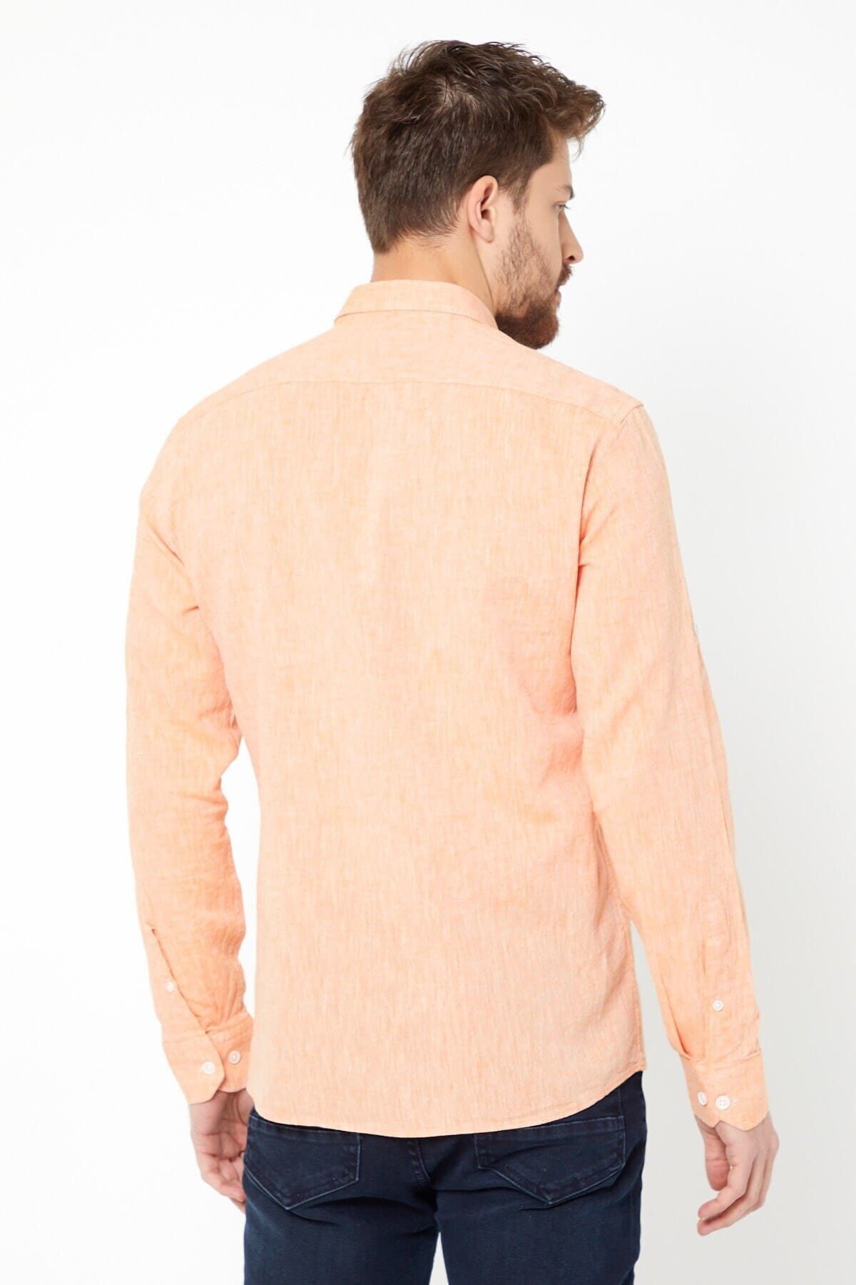 Turuncu Slim Fit Uzun Kol Keten Gömlek