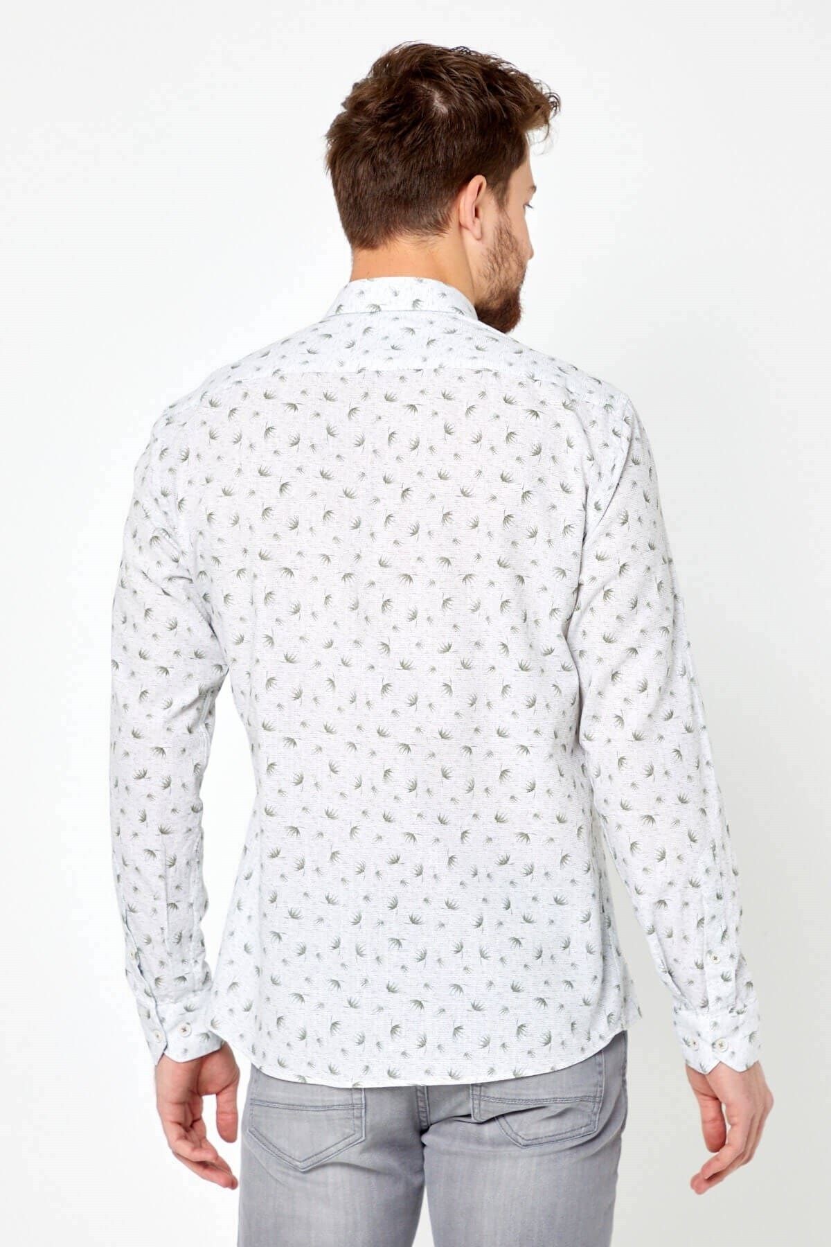 %100 Pamuk Keten Yeşil Baskılı Slim Fit Uzun Kol Keten Gömlek