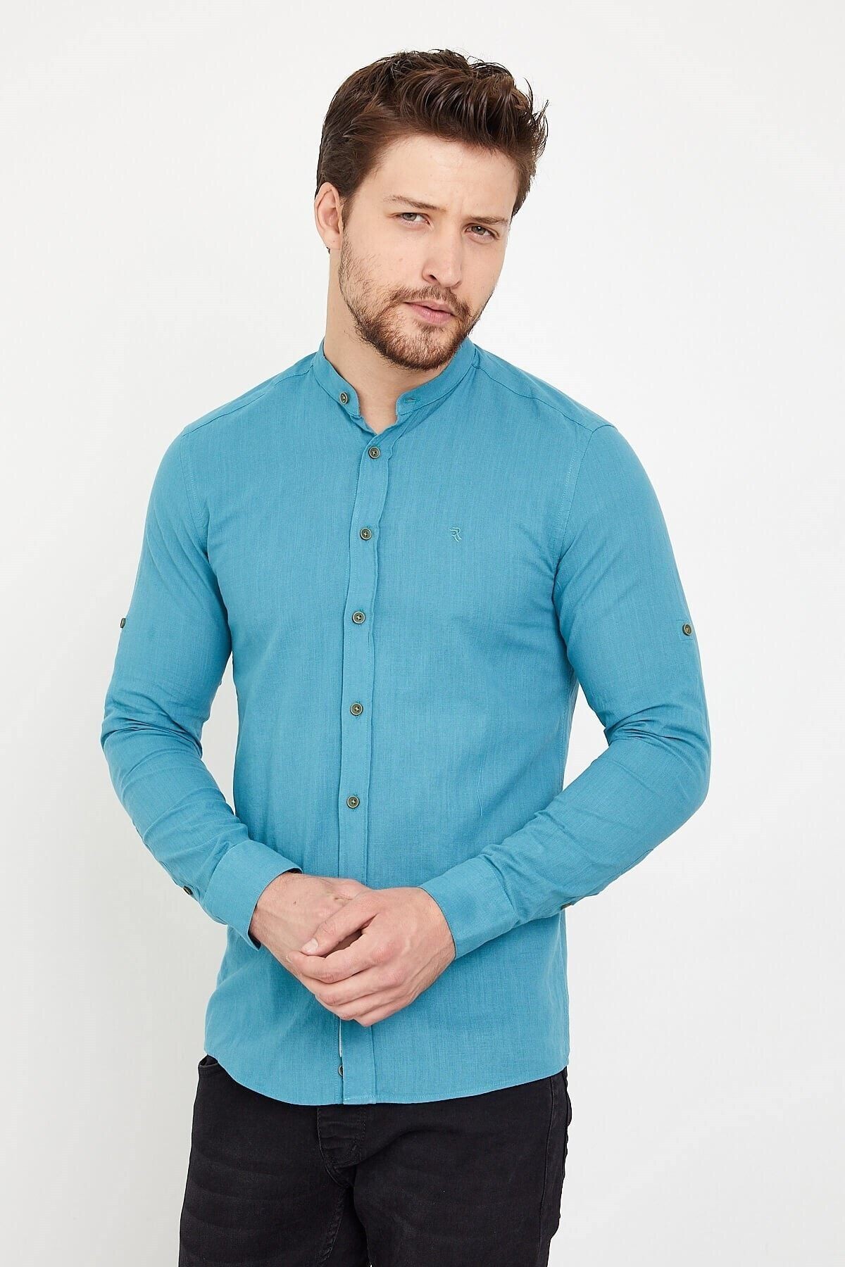 Pamuk Keten Hakim Yaka Yeşil Slim Fit Uzun Kol Gömlek