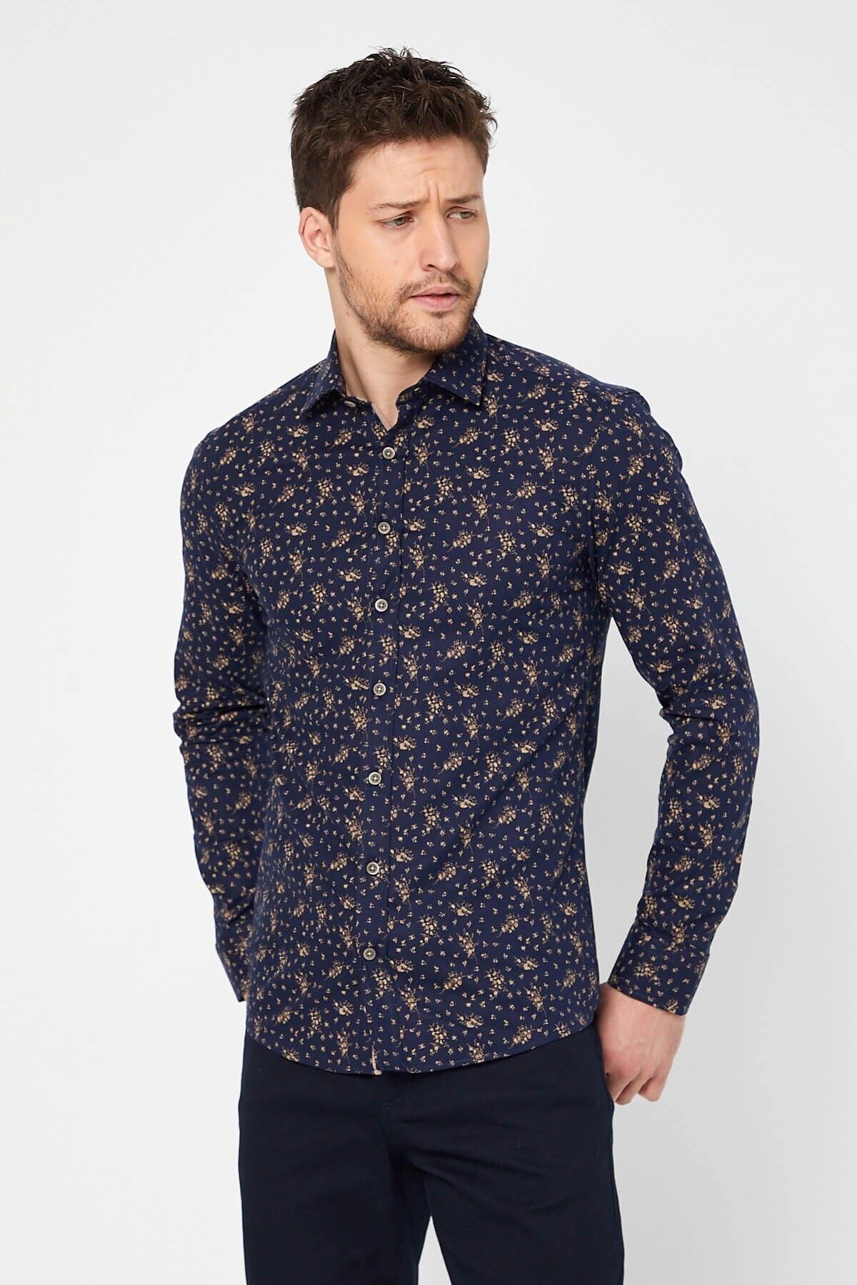 Baskılı Lacivert Slim Fit Uzun Kol Gömlek
