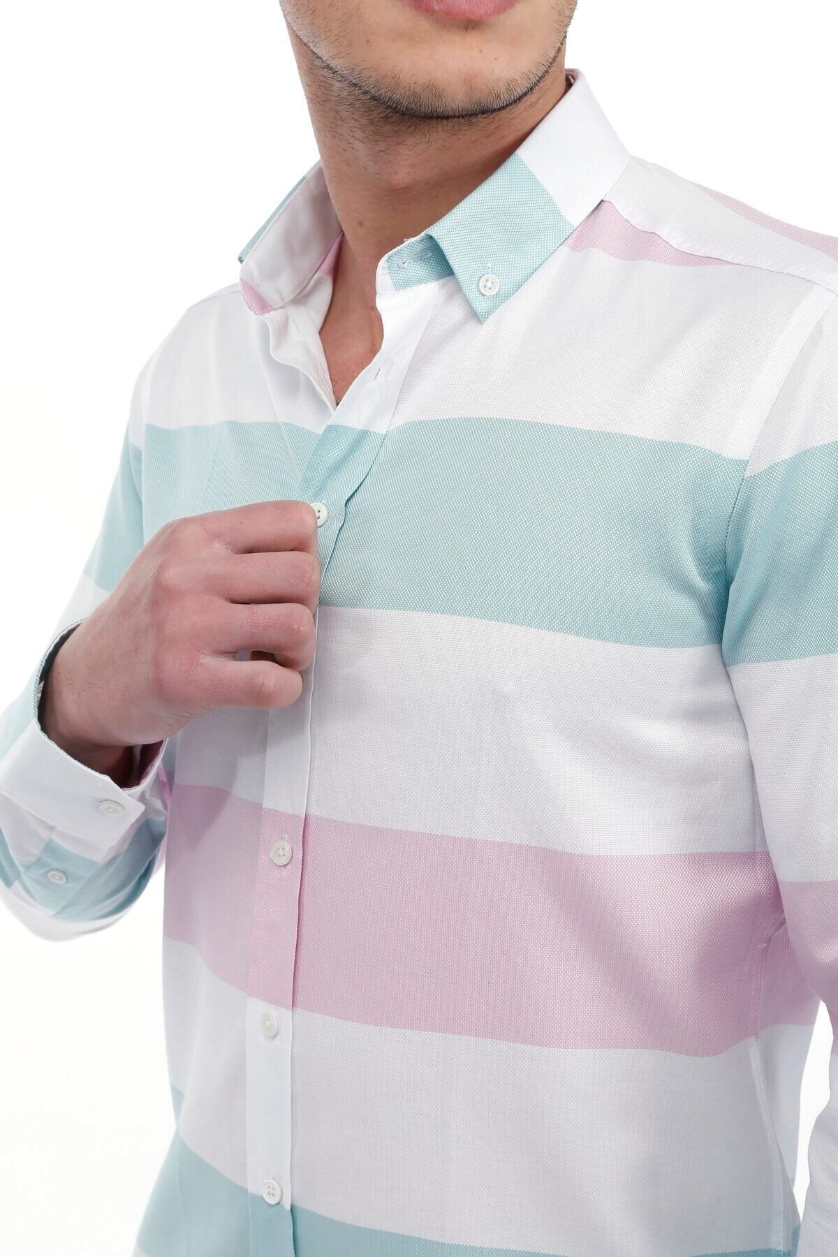 Pembe Beyaz Panolo Slim Fit Gömlek